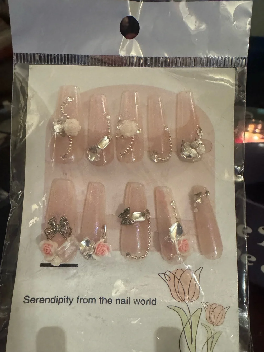 Press-On Nails Set - Blush Pink Floral Rhinestone Accented (Long Coffin) - Picture 4 of 4